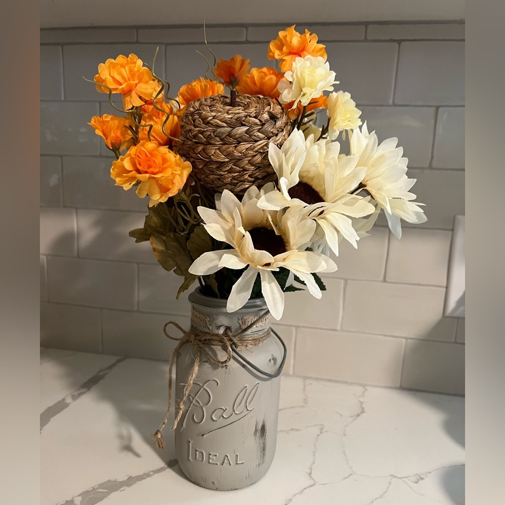 Hand Painted Antique Chalk Paint/Distressed BALL Mason Jar With Faux Flo…